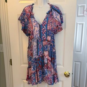 Anthropologie Robyn swing Dress Patchwork Floral Midi in Blue and Pink